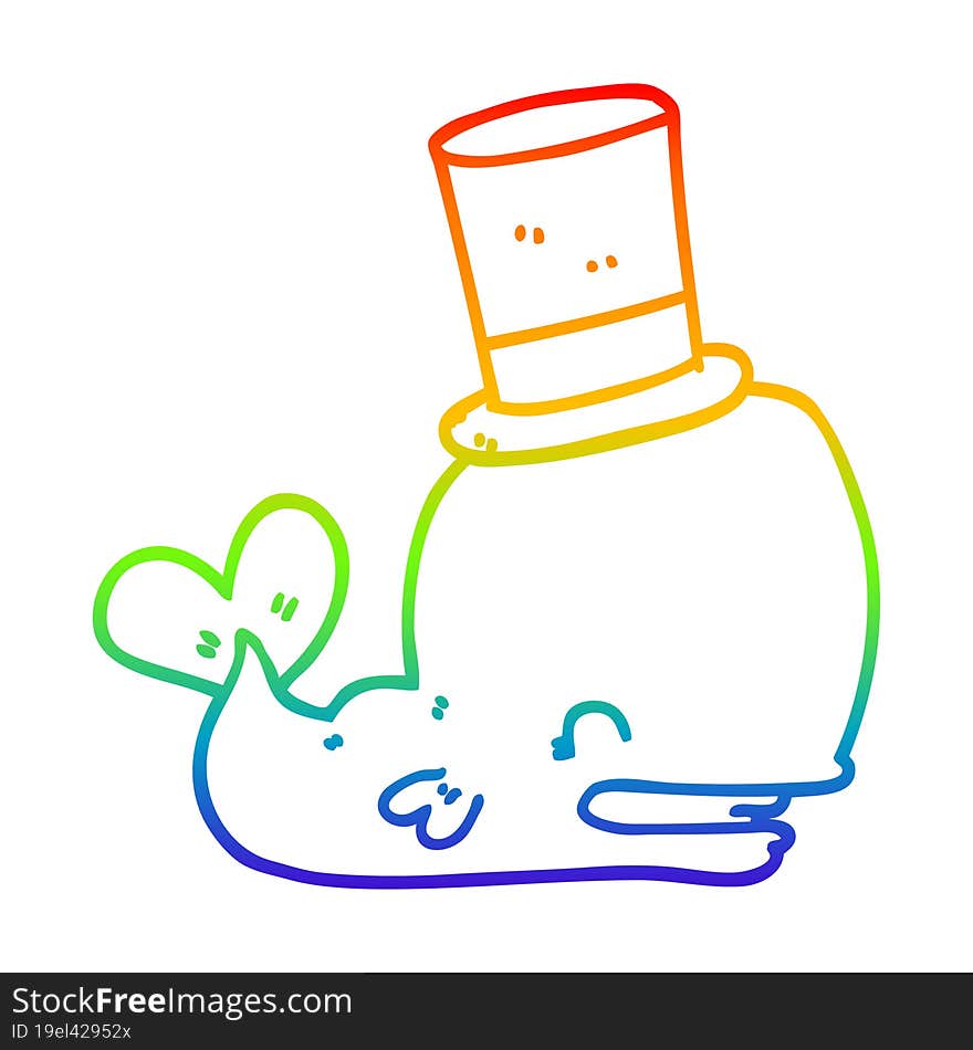 rainbow gradient line drawing cartoon whale wearing top hat