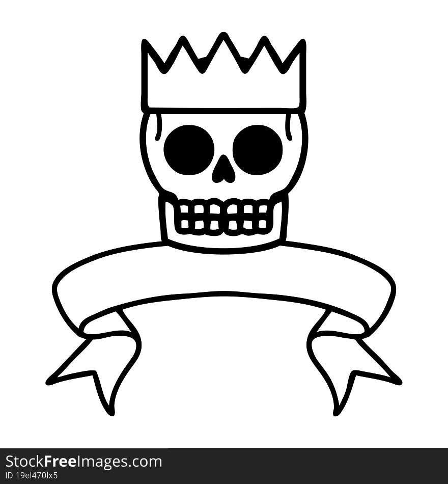 black linework tattoo with banner of a skull and crown