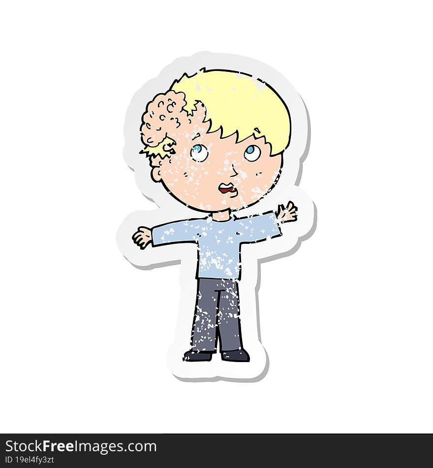 retro distressed sticker of a cartoon boy with growth on head