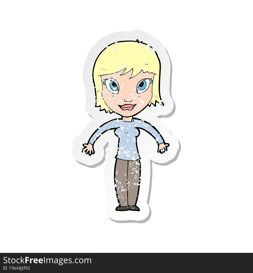 retro distressed sticker of a cartoon woman shrugging shoulders