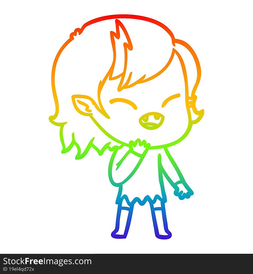 rainbow gradient line drawing of a cartoon laughing vampire girl