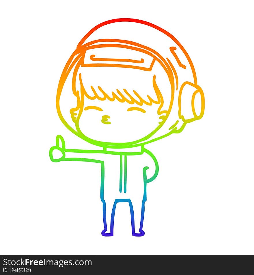 rainbow gradient line drawing of a cartoon curious astronaut giving thumbs up