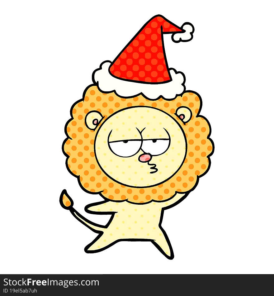 hand drawn comic book style illustration of a bored lion wearing santa hat