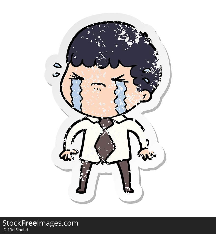 distressed sticker of a cartoon man crying