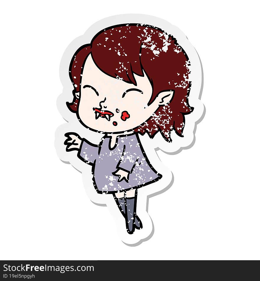 distressed sticker of a cartoon vampire girl with blood on cheek