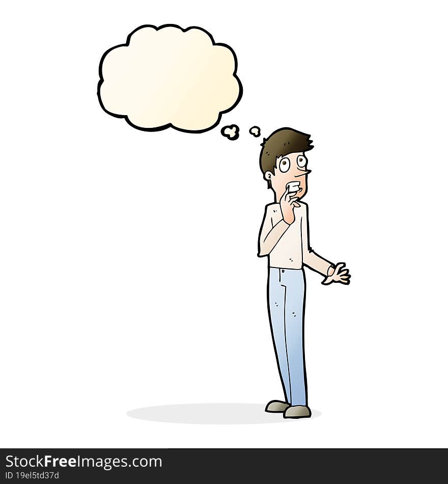 cartoon worried man with thought bubble