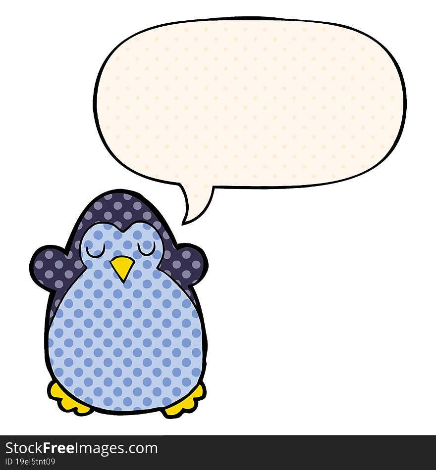 cartoon penguin and speech bubble in comic book style