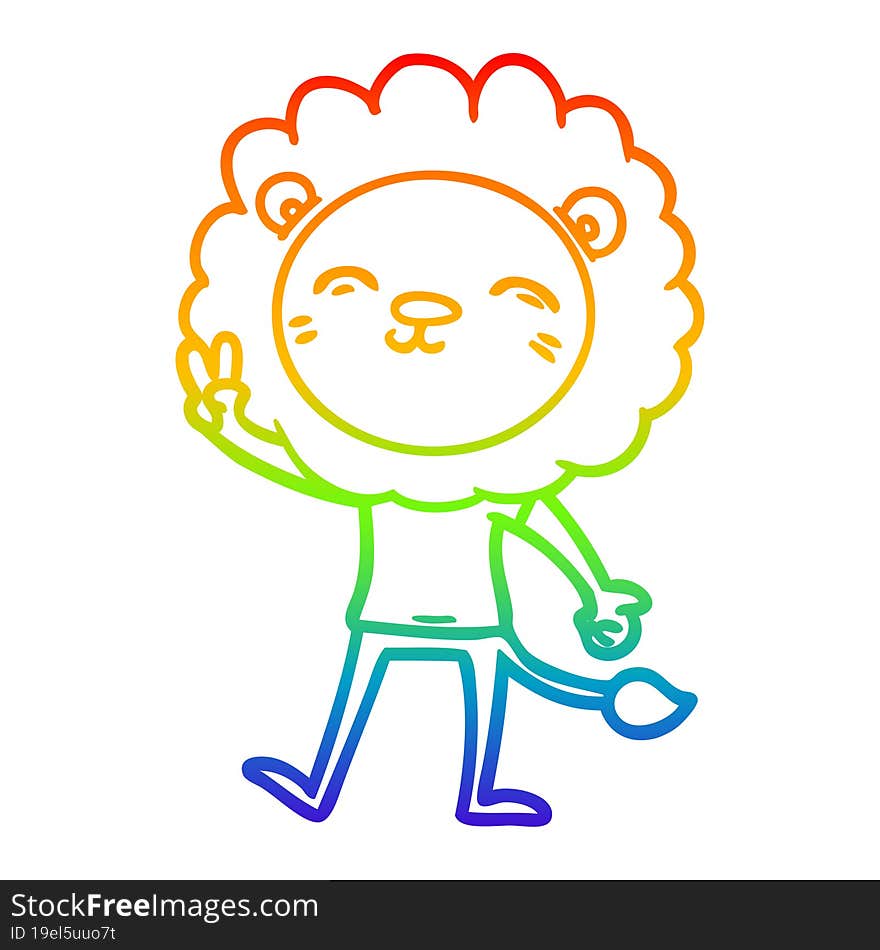 rainbow gradient line drawing cartoon lion giving peac sign