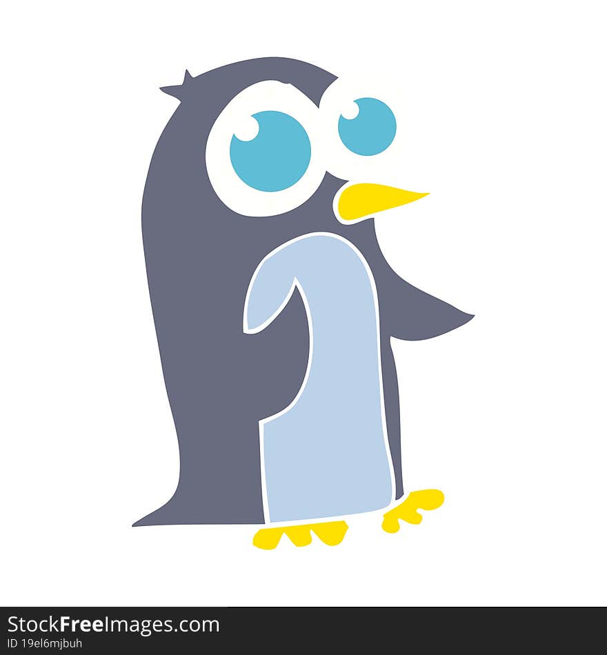 flat color illustration of a cartoon penguin with big eyes