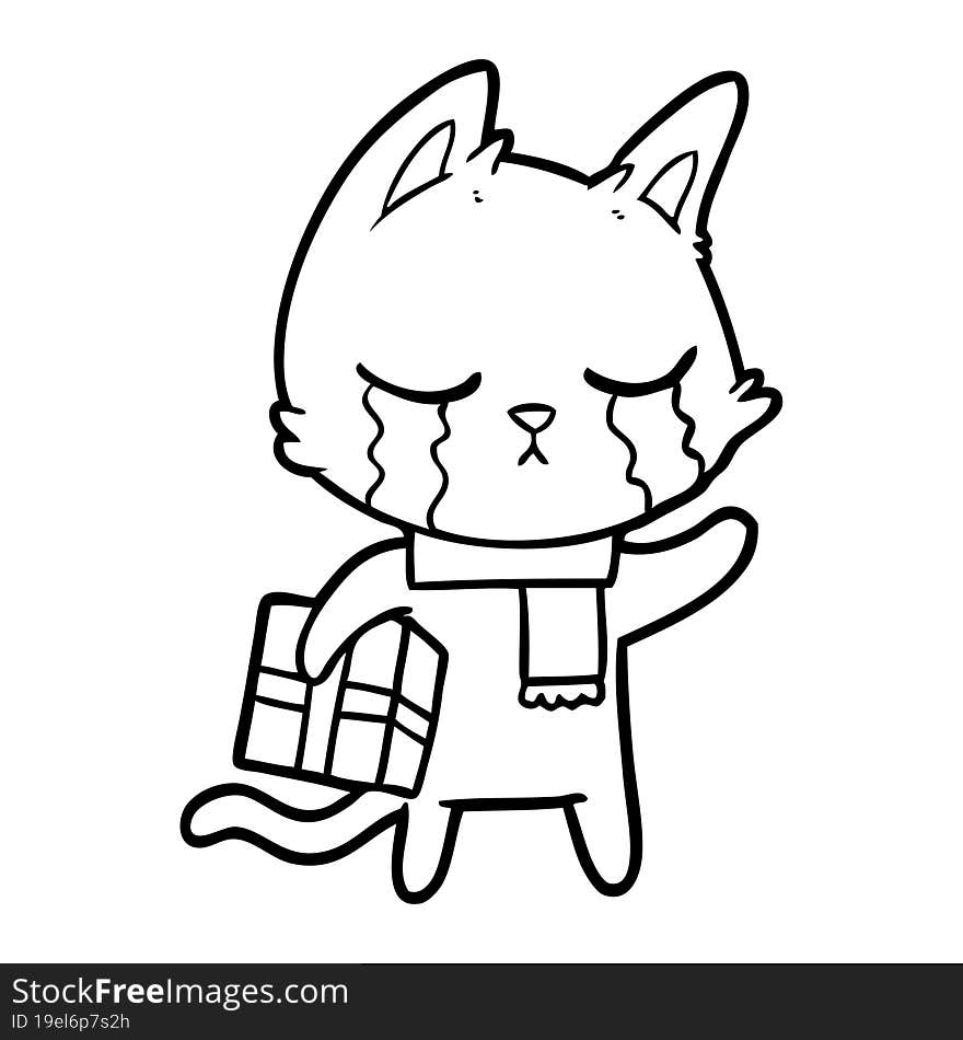 crying cartoon cat holding christmas present. crying cartoon cat holding christmas present