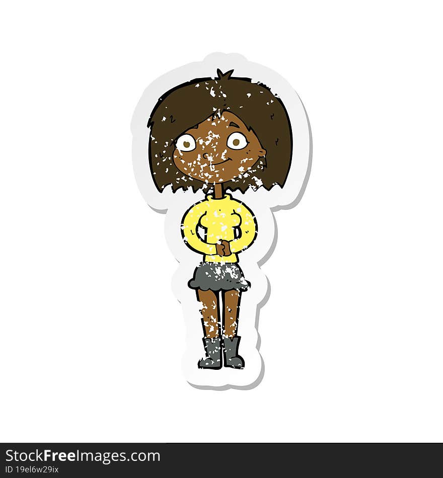 retro distressed sticker of a cartoon happy woman