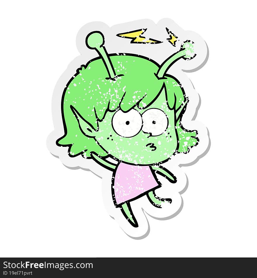 distressed sticker of a cartoon alien girl