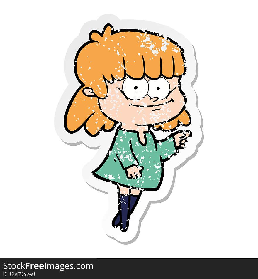 distressed sticker of a cartoon smiling woman