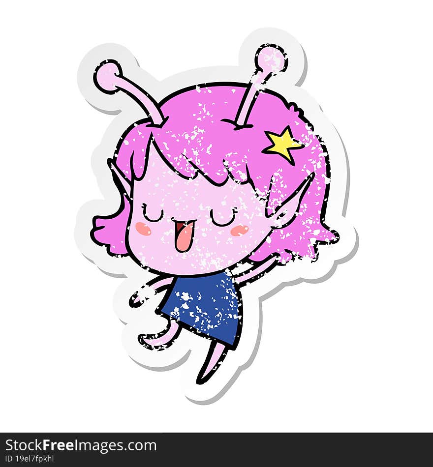 distressed sticker of a happy alien girl cartoon laughing