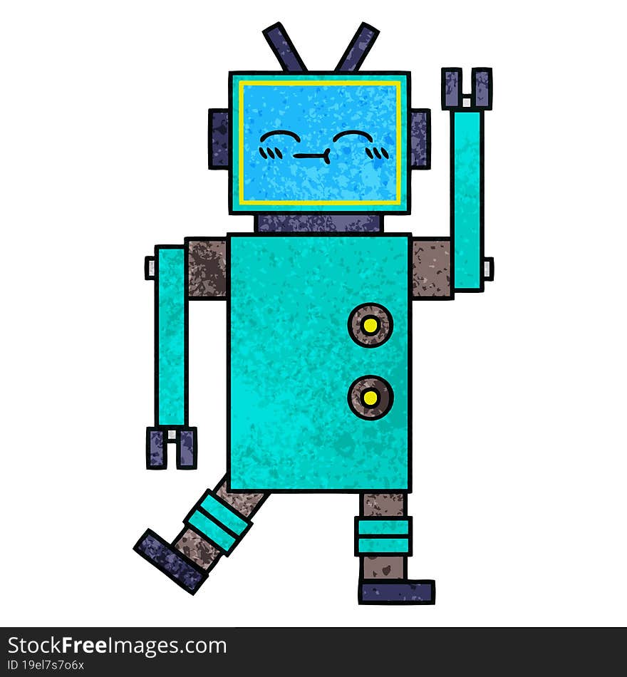 Retro Grunge Texture Cartoon Happy Robot