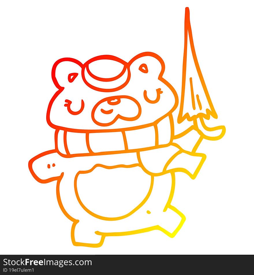 warm gradient line drawing of a cartoon bear with umbrella