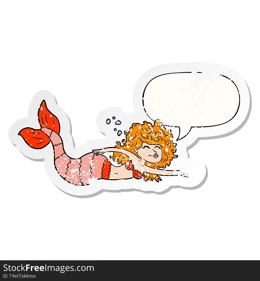 Cartoon Mermaid And Speech Bubble Distressed Sticker