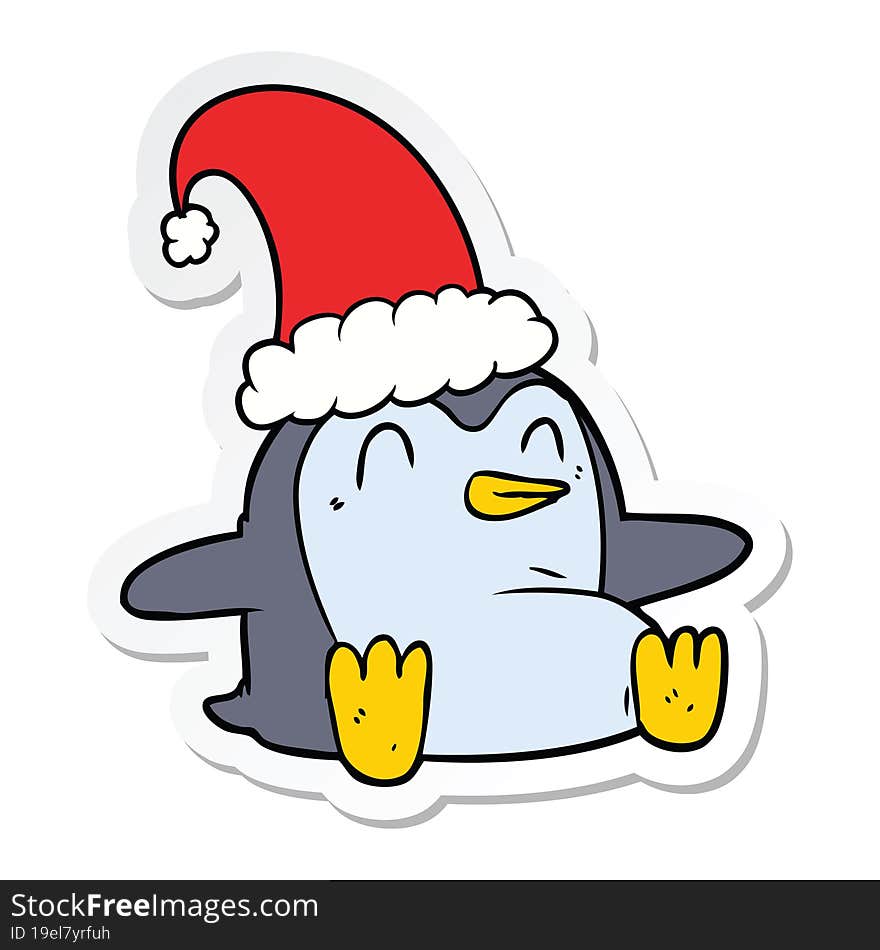 Sticker Of A Cartoon Penguin Wearing Christmas Hat