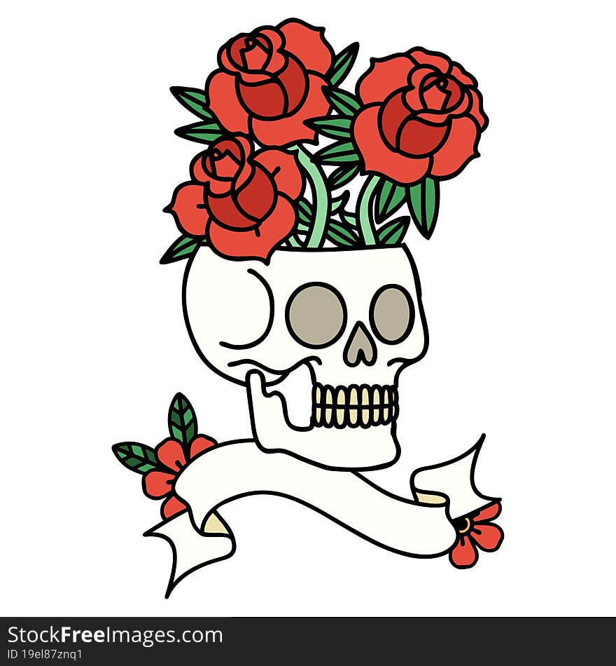 tattoo with banner of a skull and roses