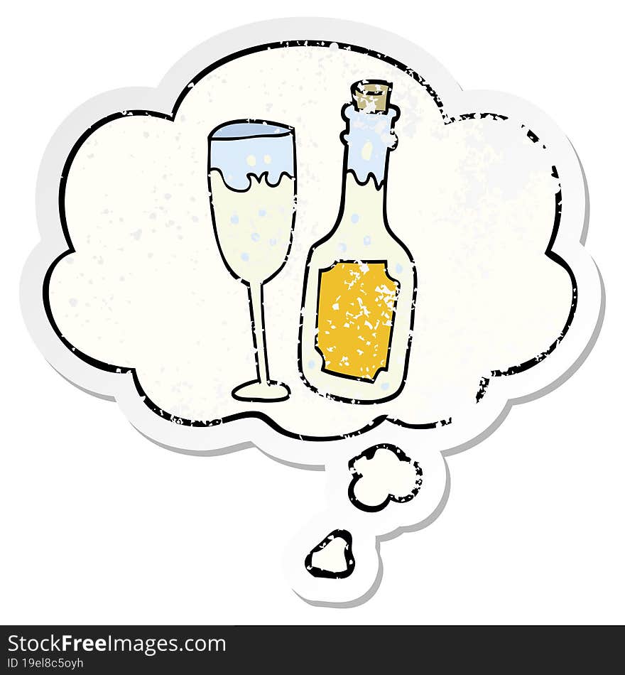 cartoon champagne bottle and glass and thought bubble as a distressed worn sticker