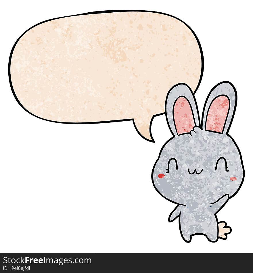 cute cartoon rabbit waving with speech bubble in retro texture style