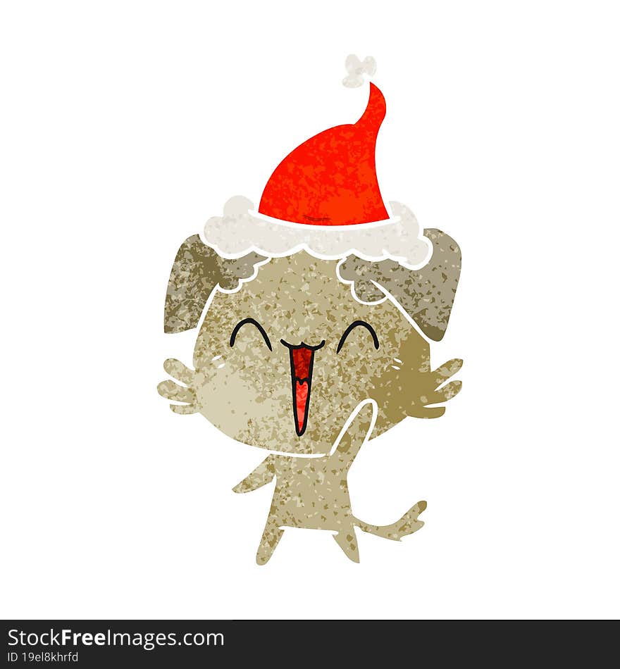 happy little dog retro cartoon of a wearing santa hat