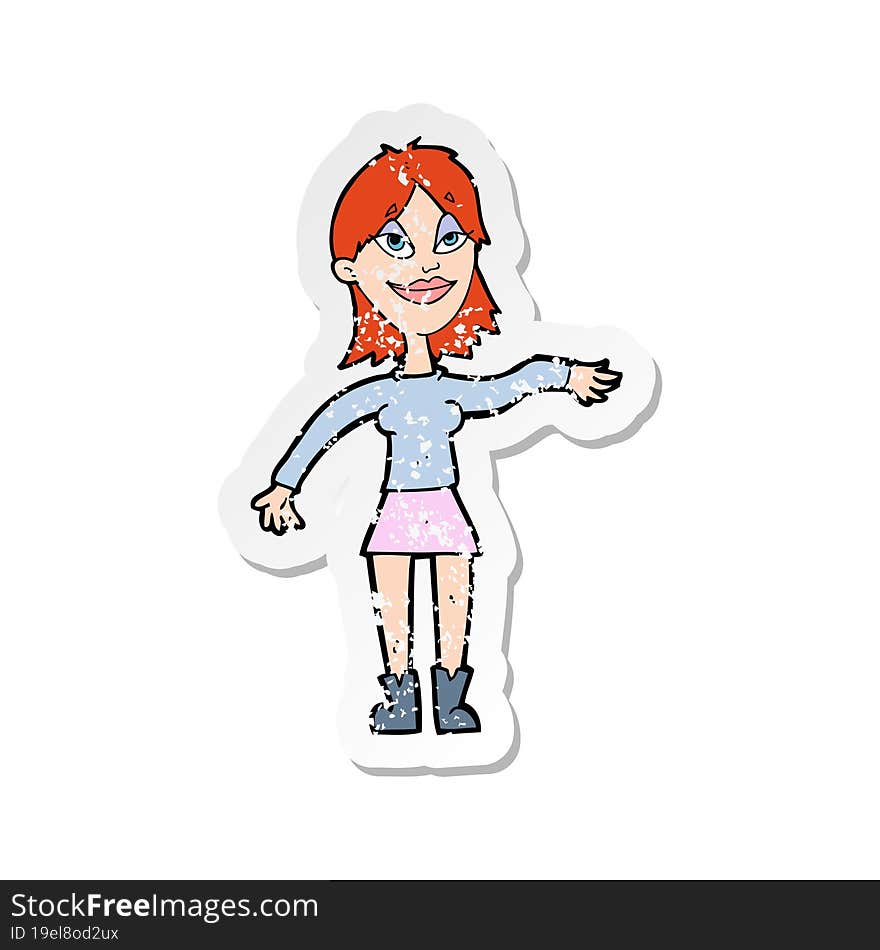 retro distressed sticker of a cartoon woman making hand gesture