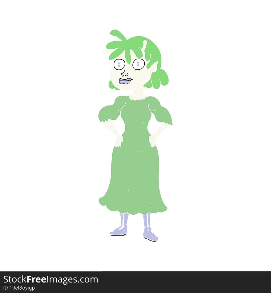 flat color illustration of a cartoon alien woman