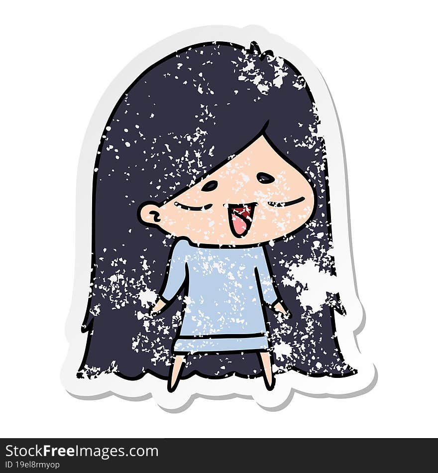 distressed sticker cartoon of cute kawaii long haired girl