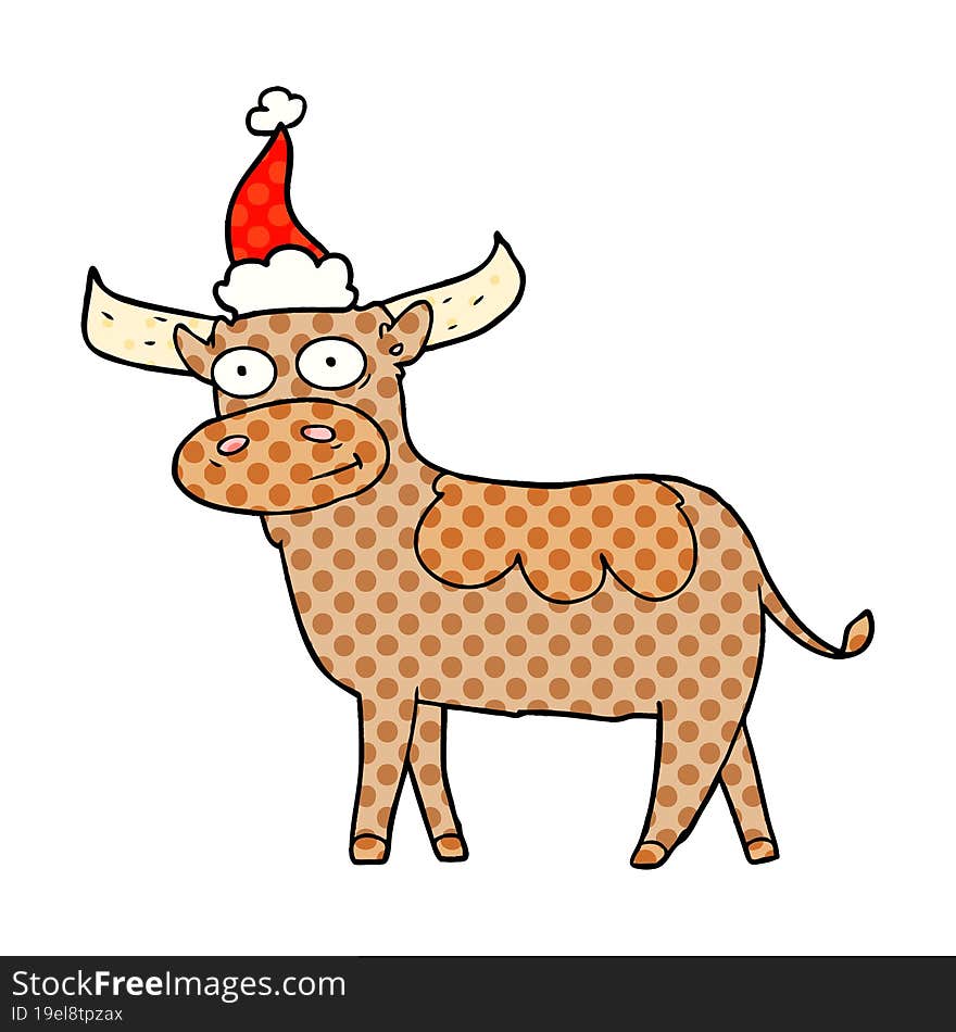 hand drawn comic book style illustration of a bull wearing santa hat