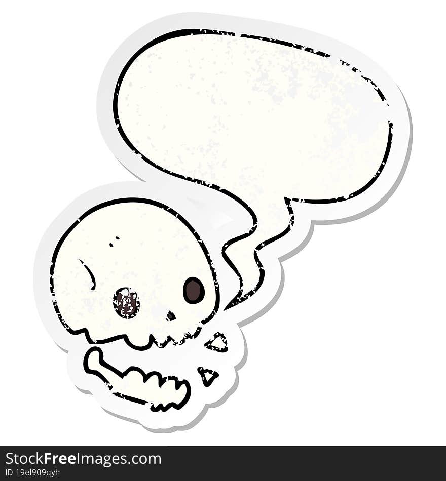 cartoon spooky skull and speech bubble distressed sticker