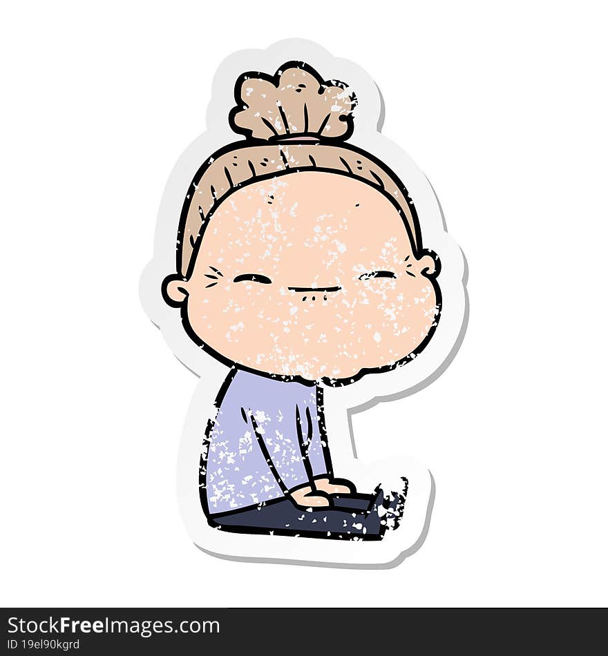 distressed sticker of a cartoon peaceful old woman