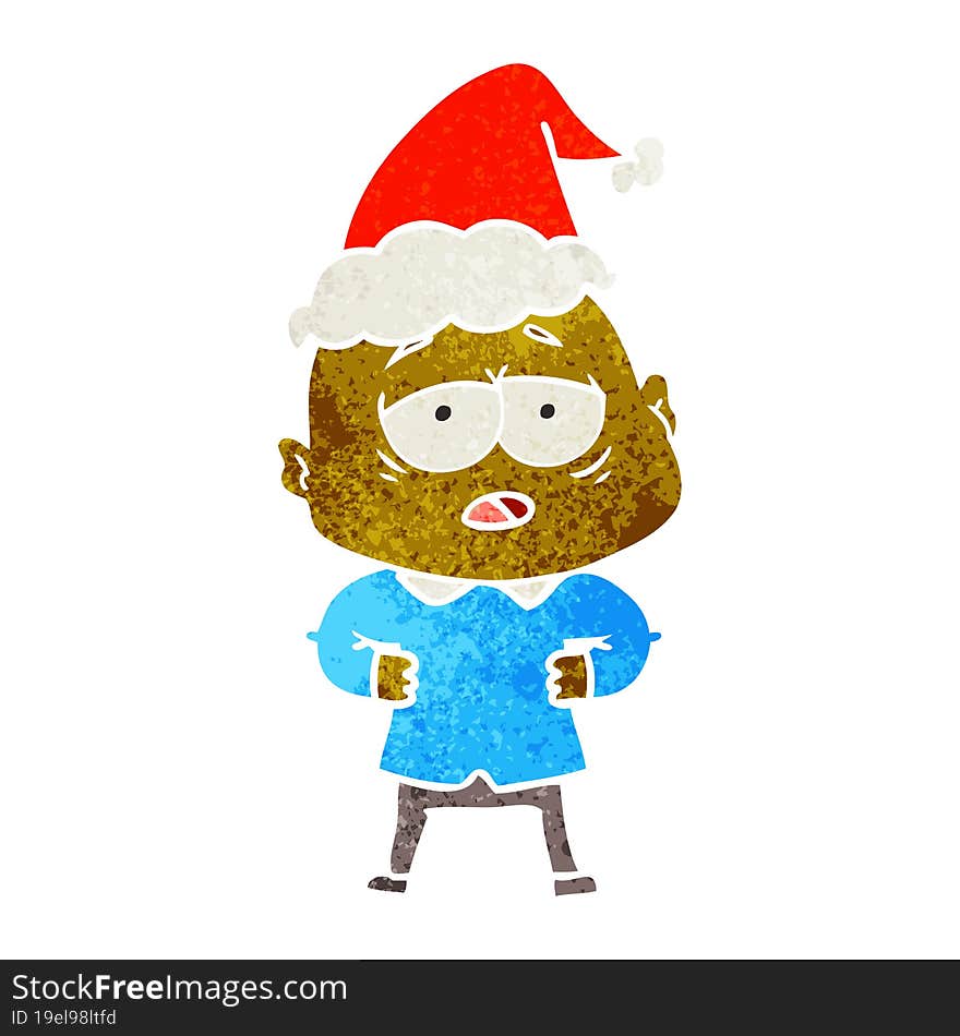 hand drawn retro cartoon of a tired bald man wearing santa hat