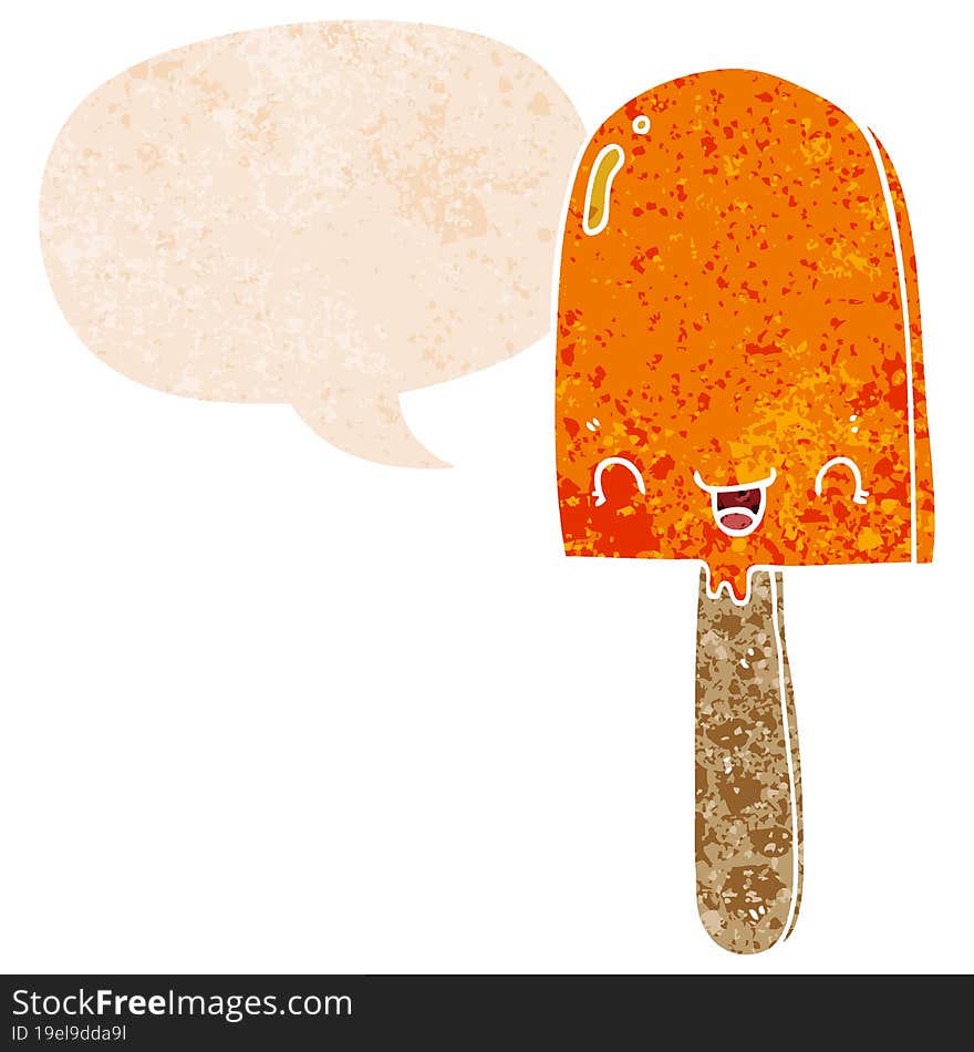 cartoon ice lolly with speech bubble in grunge distressed retro textured style. cartoon ice lolly with speech bubble in grunge distressed retro textured style