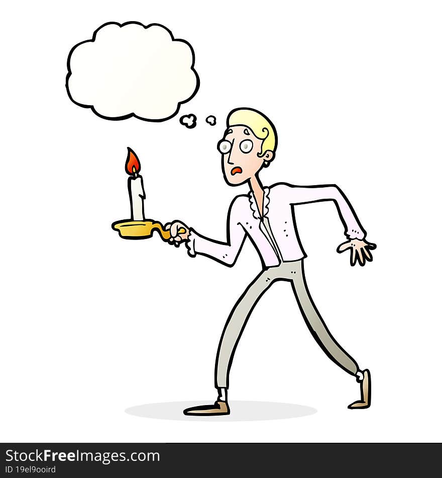 cartoon frightened man walking with candlestick with thought bubble