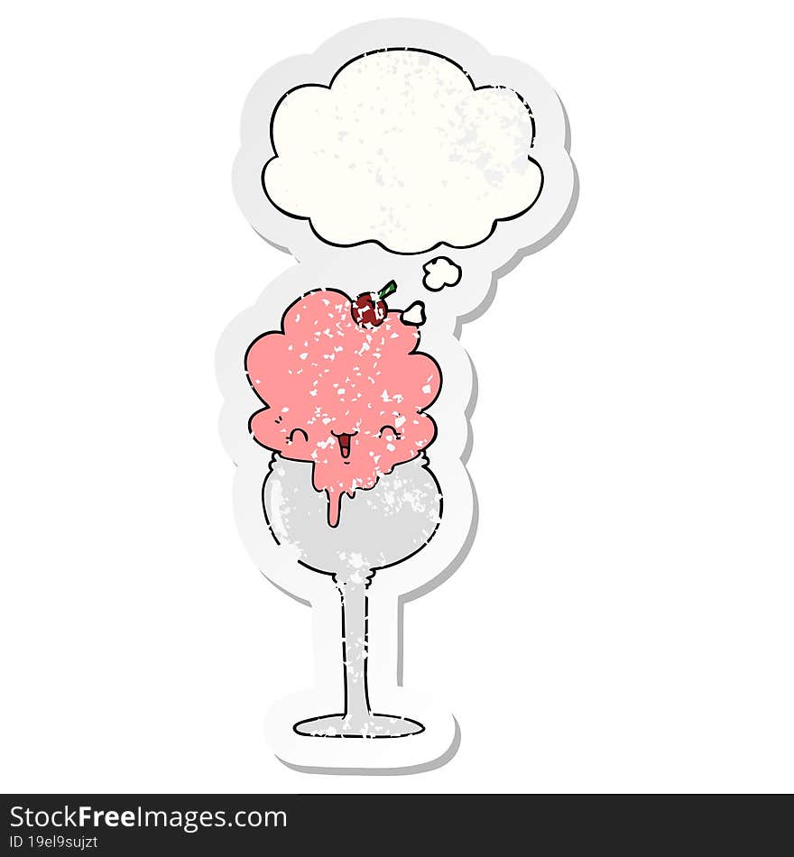 cute cartoon ice cream desert with thought bubble as a distressed worn sticker