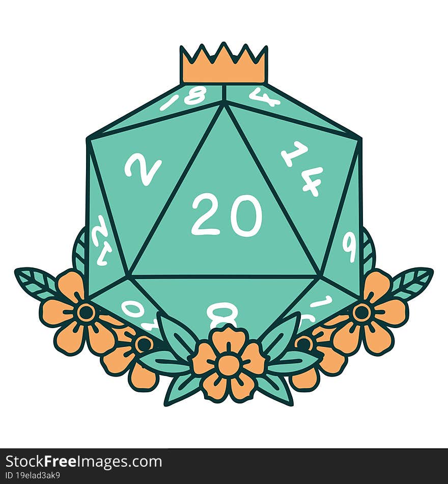 Natural 20 D20 Dice Roll With Floral Elements Illustration