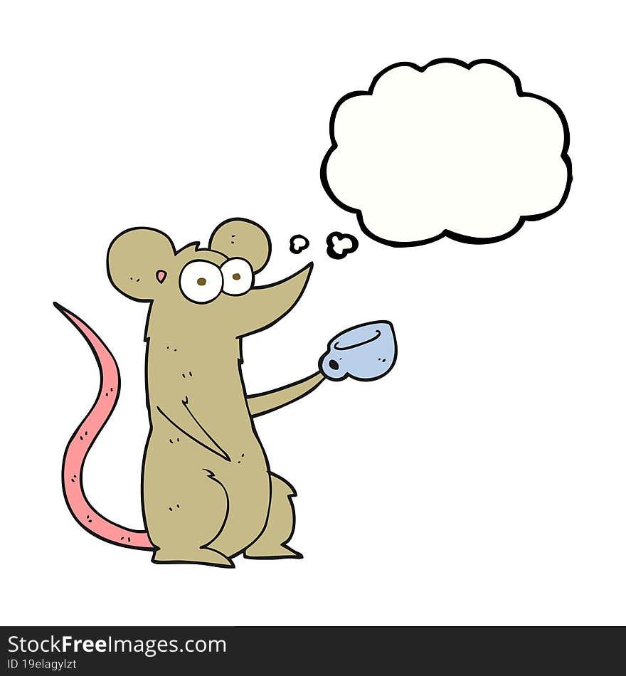 freehand drawn thought bubble cartoon mouse with coffee cup