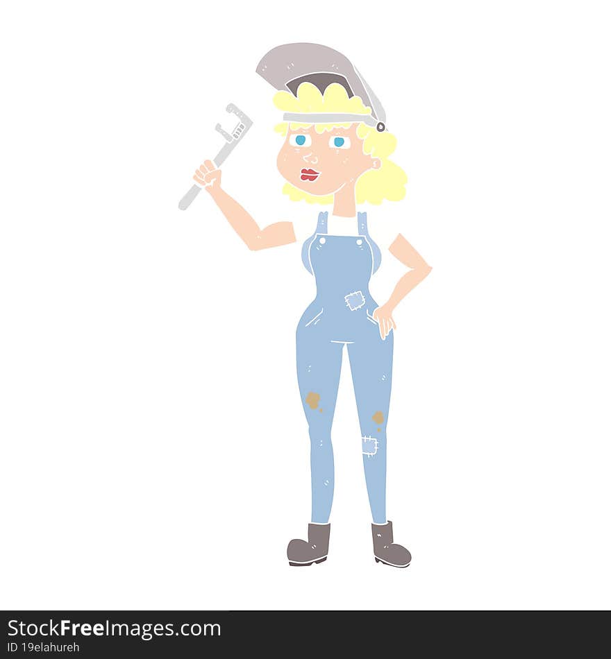 flat color illustration of a cartoon capable woman with wrench