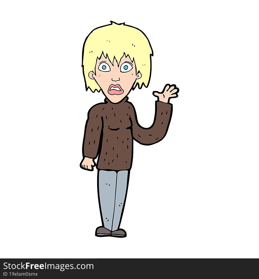 cartoon shocked woman waving hand