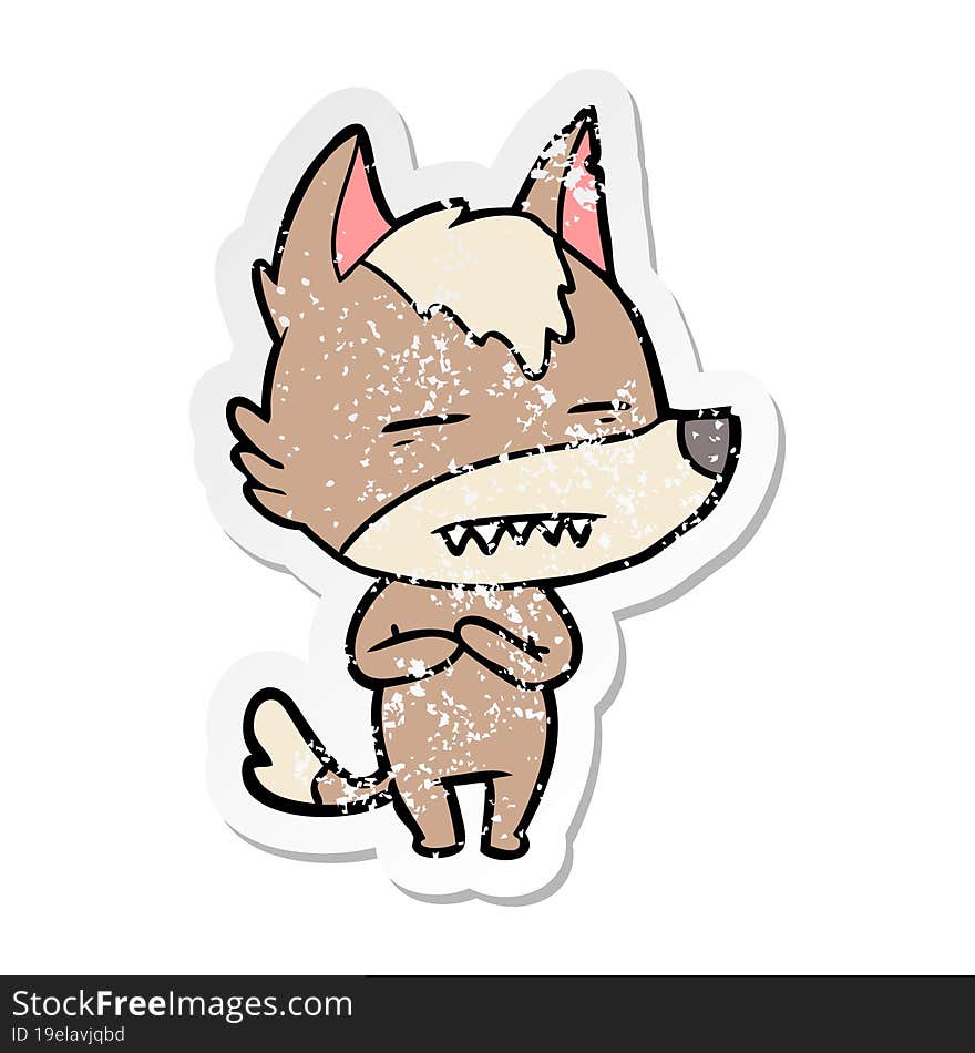 Distressed Sticker Of A Cartoon Wolf Showing Teeth