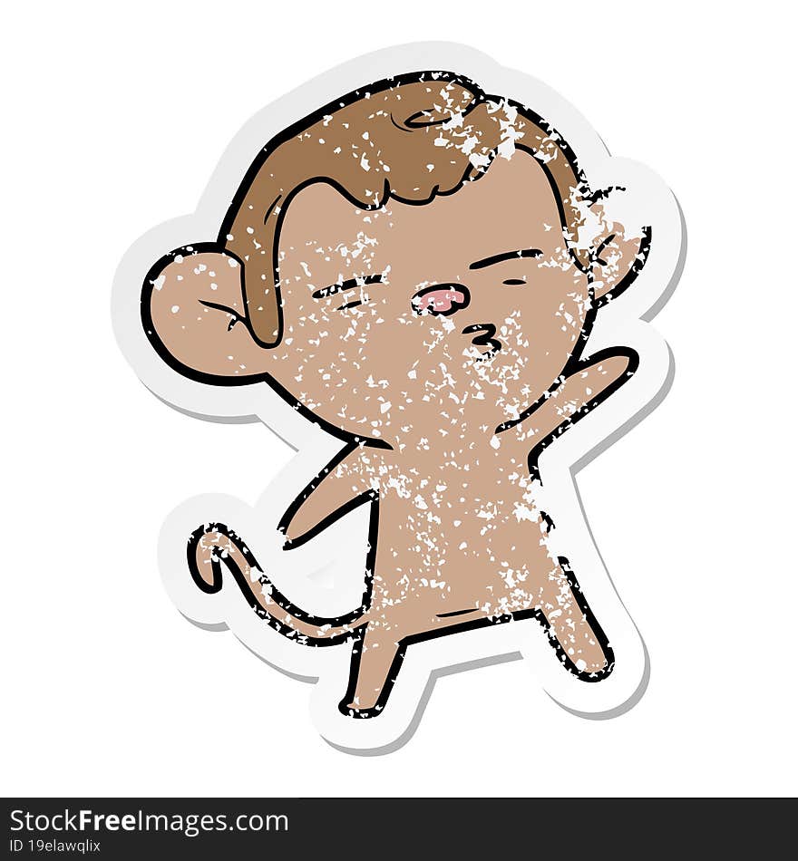 distressed sticker of a cartoon suspicious monkey