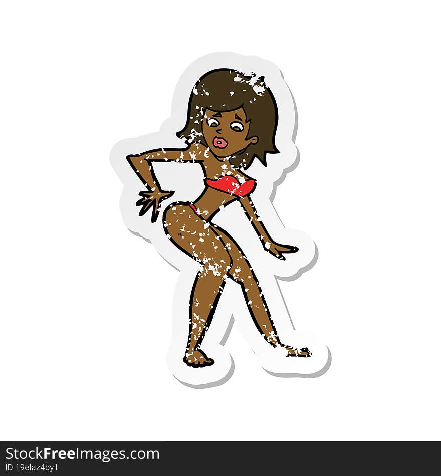 retro distressed sticker of a cartoon woman in bikini