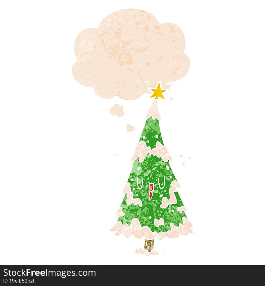 cartoon christmas tree and thought bubble in retro textured style