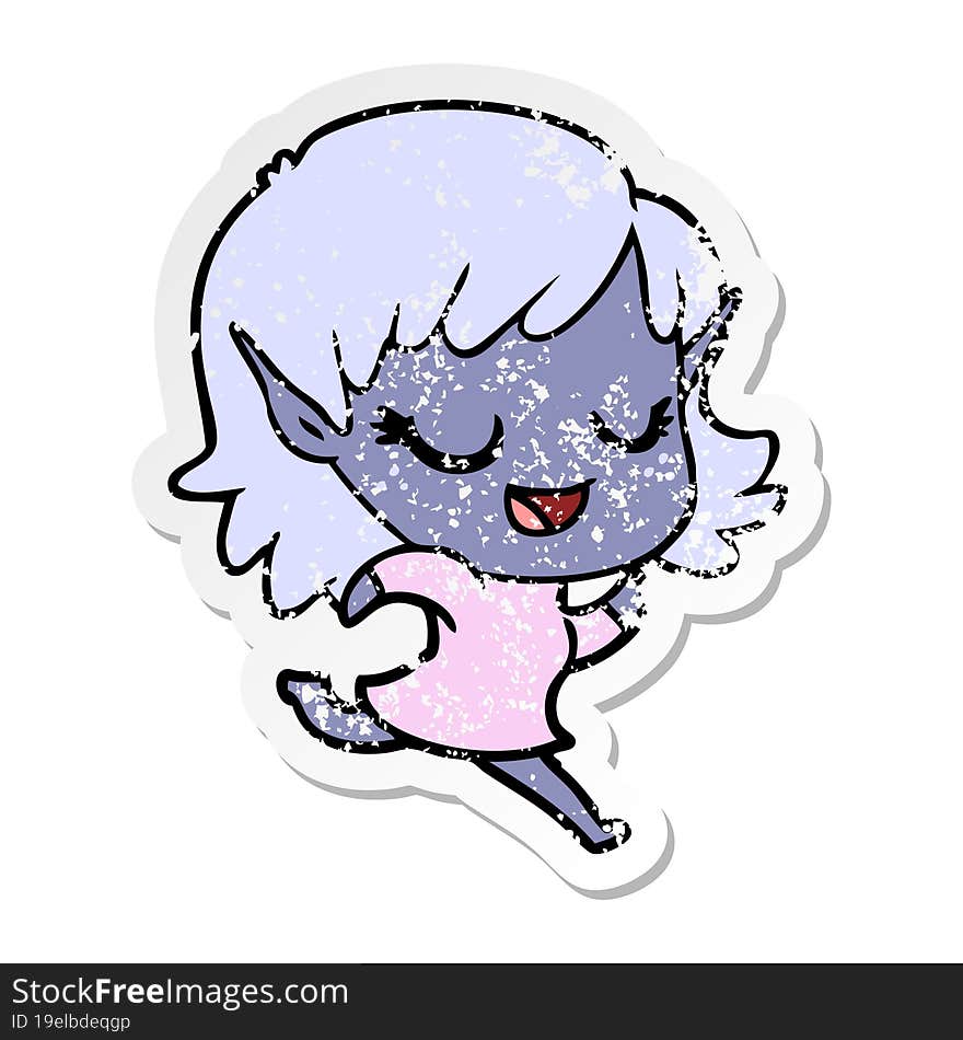 distressed sticker of a happy cartoon elf girl running