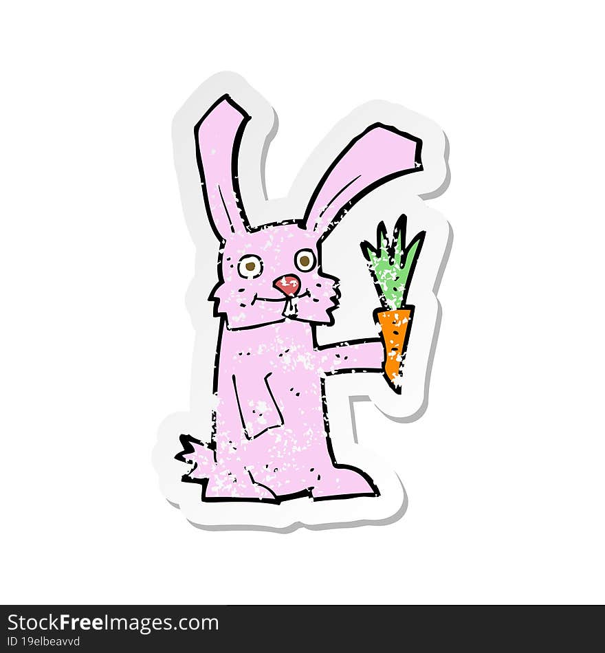 retro distressed sticker of a cartoon rabbit with carrot