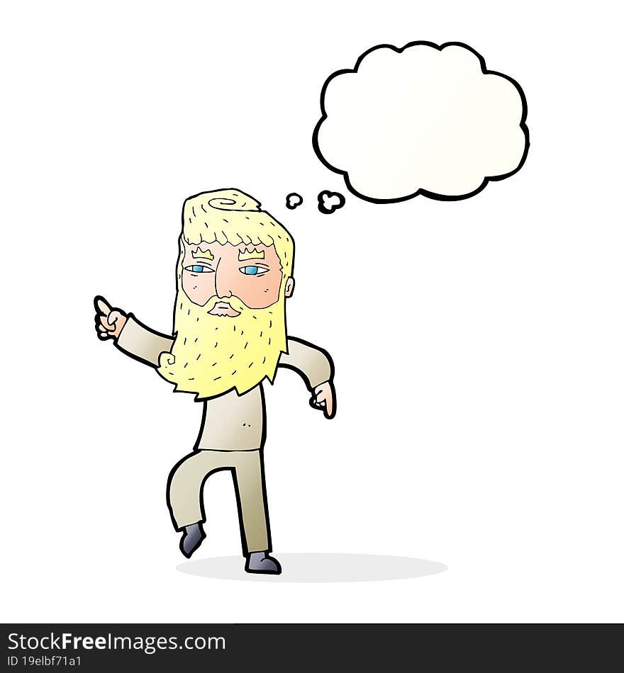 cartoon bearded man pointing the way with thought bubble