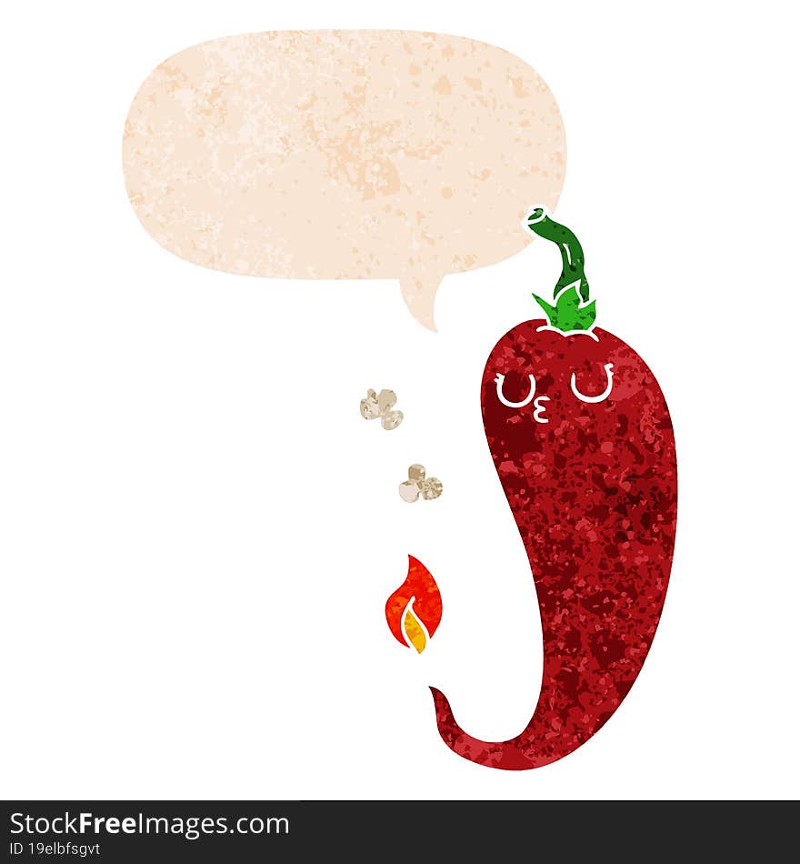 Cartoon Hot Chili Pepper And Speech Bubble In Retro Textured Style