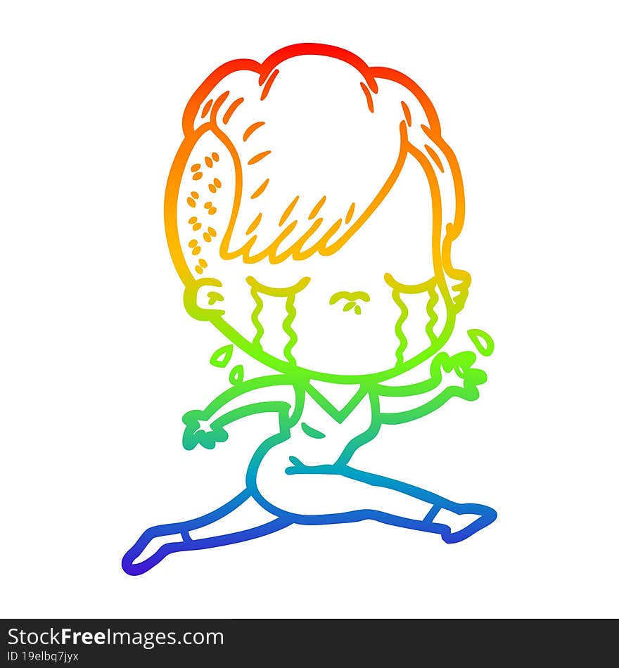 rainbow gradient line drawing cartoon crying girl running