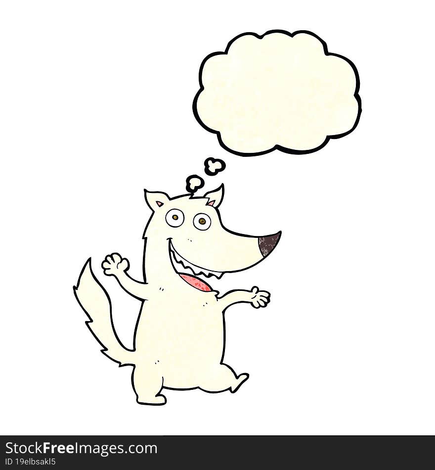 cartoon happy wolf with thought bubble